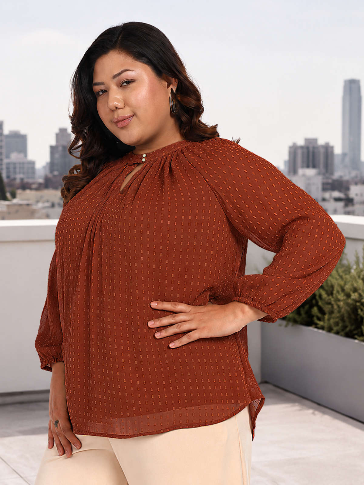 Brown Plus Size Dobby Raglan Top
