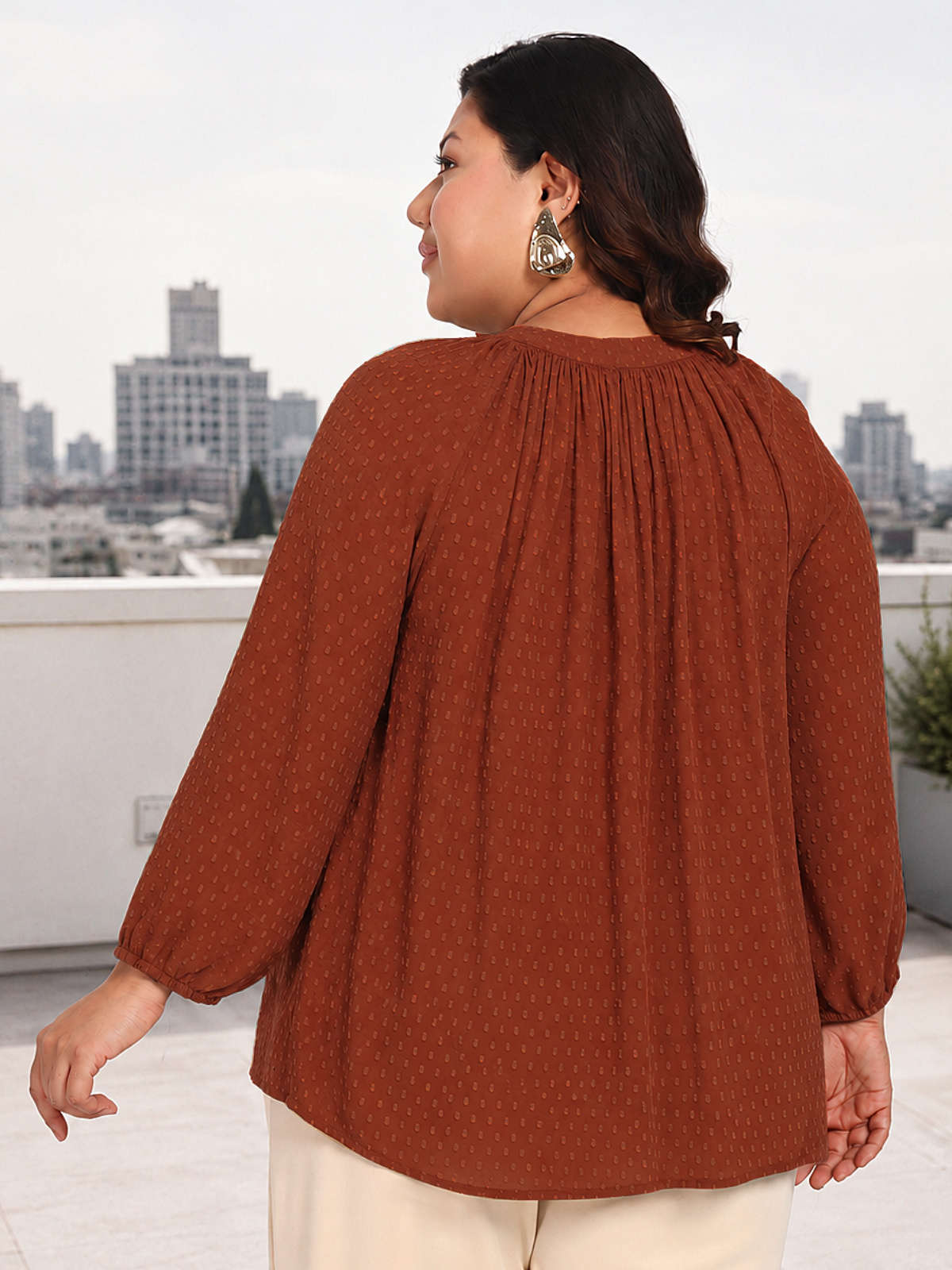 Brown Plus Size Dobby Raglan Top