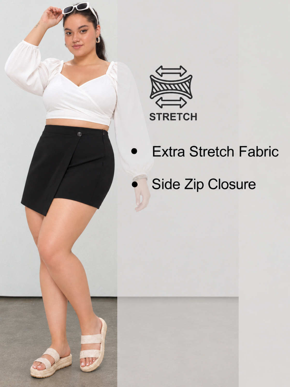 Women Black Plus Size One Button Skort
