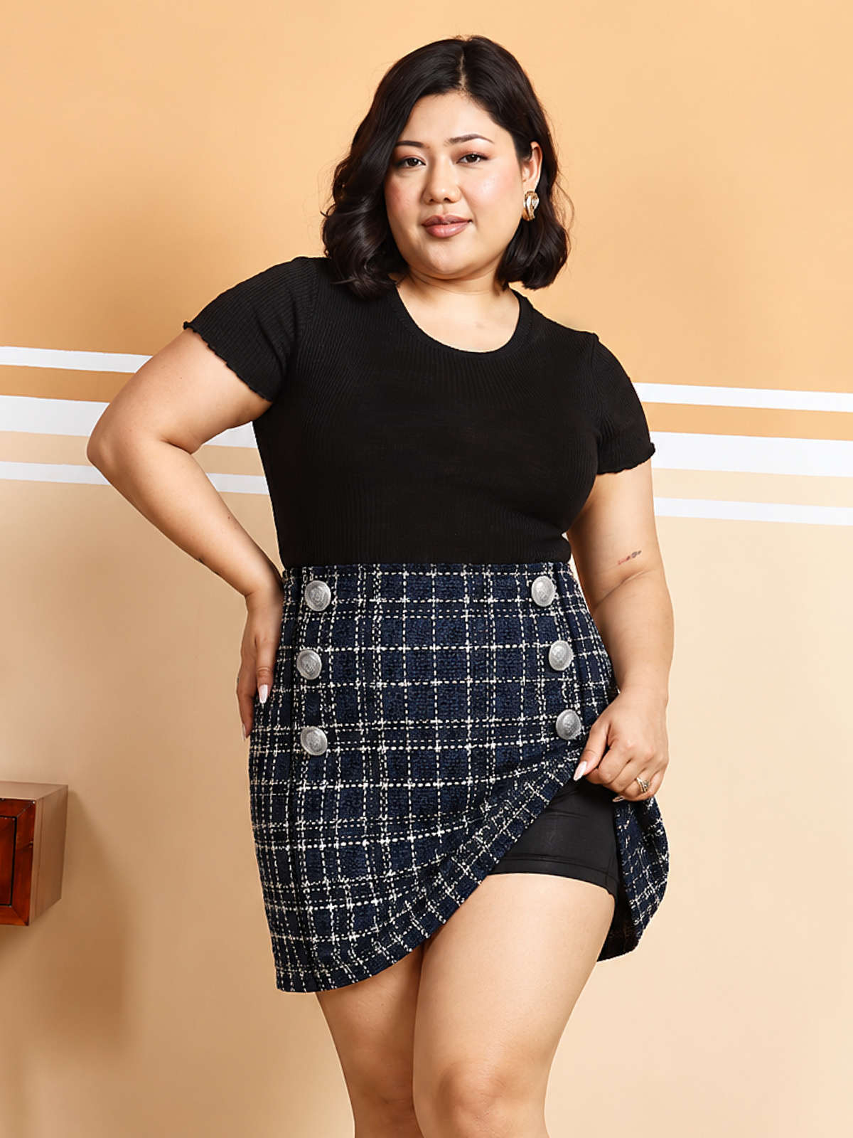 Blue Plus Size Woolen Mini Skirt