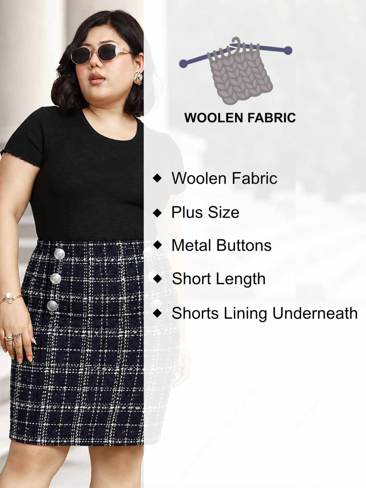 Blue Plus Size Woolen Mini Skirt